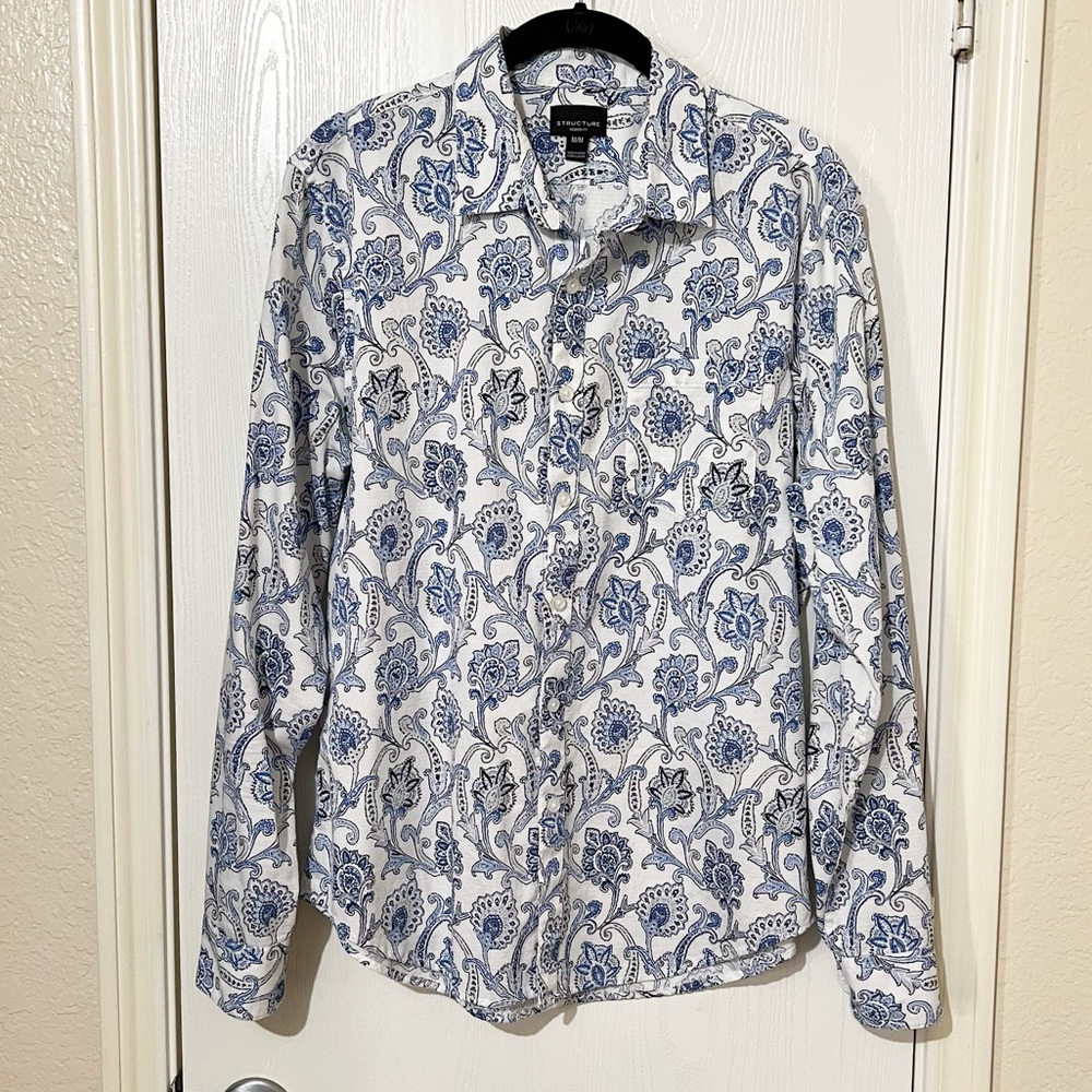 Structure White Blue Leaf Print Men’s Shirt Long Sleeve Casual Western Rodeo M
